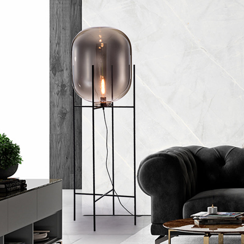 Glass Capsule Floor Light Designer 1 Bulb Black Standing Lamp with Metal H-Brace Clearhalo 'Floor Lamps' 'Lamps' Lighting' 2478890