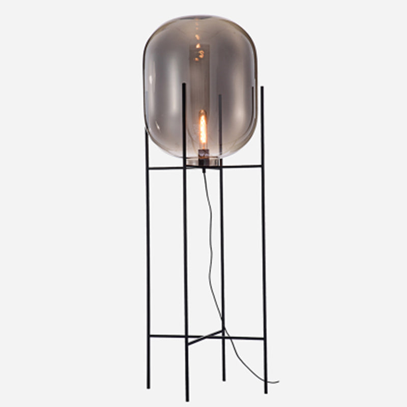 Glass Capsule Floor Light Designer 1 Bulb Black Standing Lamp with Metal H-Brace Smoke Gray 16.5" Clearhalo 'Floor Lamps' 'Lamps' Lighting' 2478891