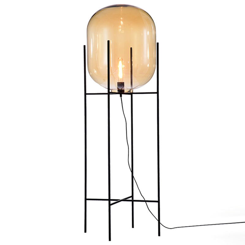 Glass Capsule Floor Light Designer 1 Bulb Black Standing Lamp with Metal H-Brace Clearhalo 'Floor Lamps' 'Lamps' Lighting' 2478892