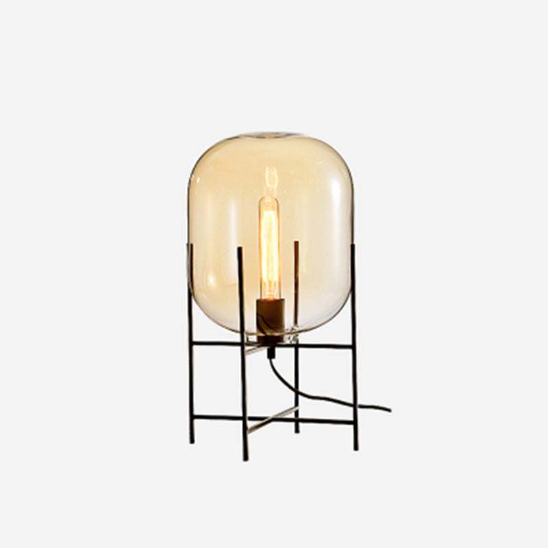 Glass Capsule Floor Light Designer 1 Bulb Black Standing Lamp with Metal H-Brace Amber 9" Clearhalo 'Floor Lamps' 'Lamps' Lighting' 2478893