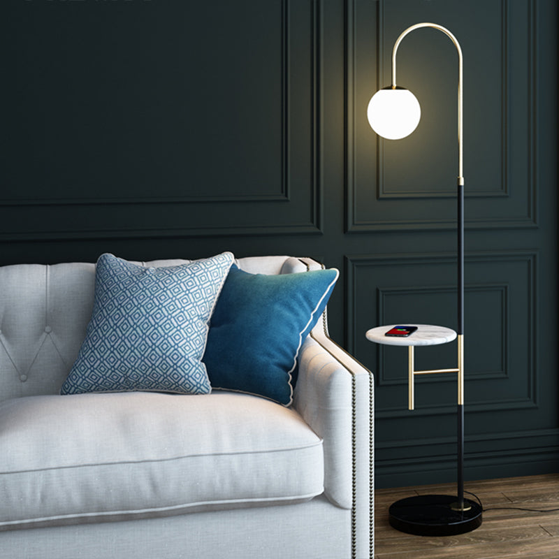 Gooseneck Living Room Floor Lamp Metal Single Minimalist Tray Floor Light with Ball White Glass Shade Clearhalo 'Floor Lamps' 'Lamps' Lighting' 2478904
