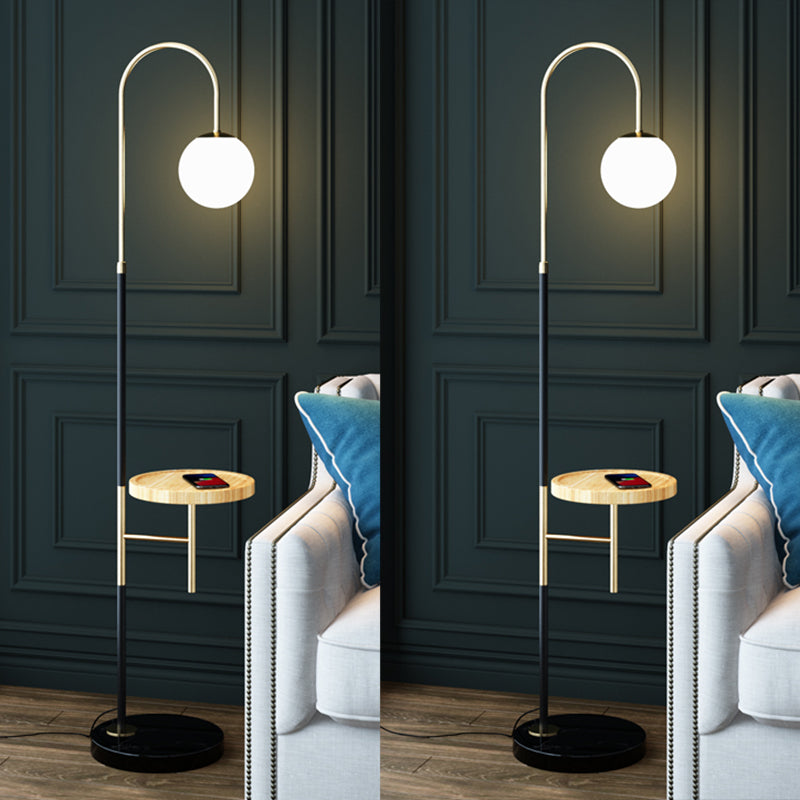 Gooseneck Living Room Floor Lamp Metal Single Minimalist Tray Floor Light with Ball White Glass Shade Wood Clearhalo 'Floor Lamps' 'Lamps' Lighting' 2478906