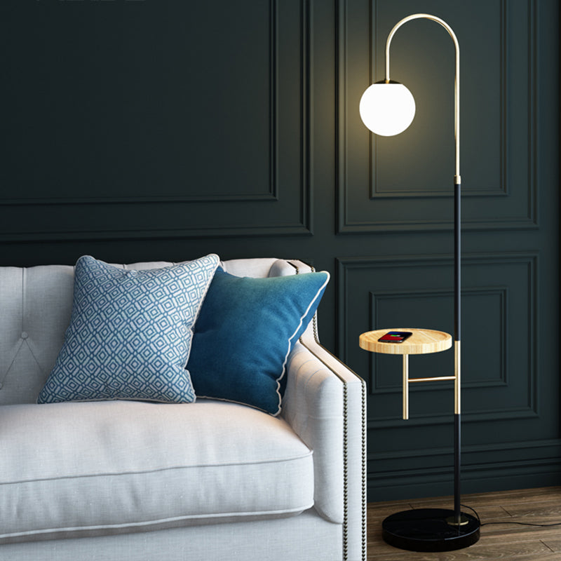 Gooseneck Living Room Floor Lamp Metal Single Minimalist Tray Floor Light with Ball White Glass Shade Clearhalo 'Floor Lamps' 'Lamps' Lighting' 2478907