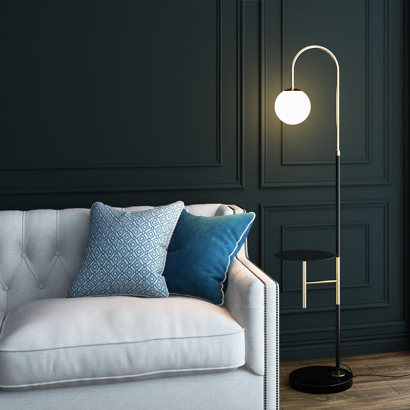 Gooseneck Living Room Floor Lamp Metal Single Minimalist Tray Floor Light with Ball White Glass Shade Clearhalo 'Floor Lamps' 'Lamps' Lighting' 2478909