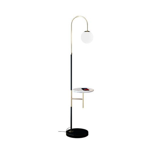 Gooseneck Living Room Floor Lamp Metal Single Minimalist Tray Floor Light with Ball White Glass Shade Clearhalo 'Floor Lamps' 'Lamps' Lighting' 2478912