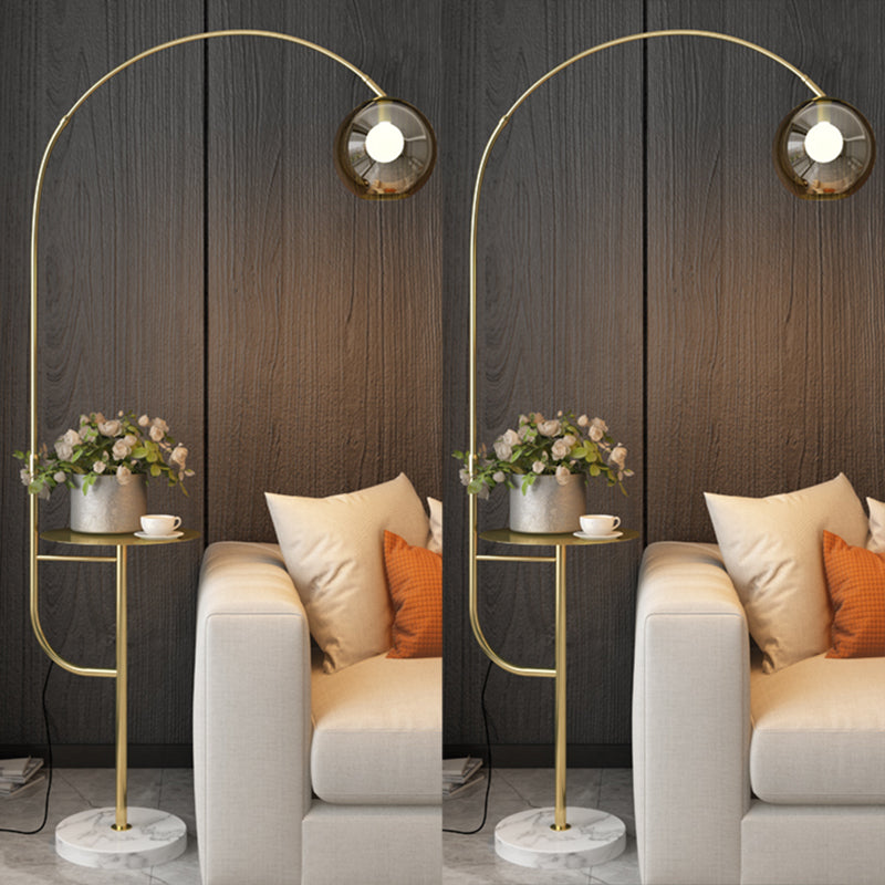 Fishing Rod Living Room Standing Lamp Metal Single Postmodern Tray Floor Light with Ball Smoke Grey Glass Shade Gold Clearhalo 'Floor Lamps' 'Lamps' Lighting' 2478943