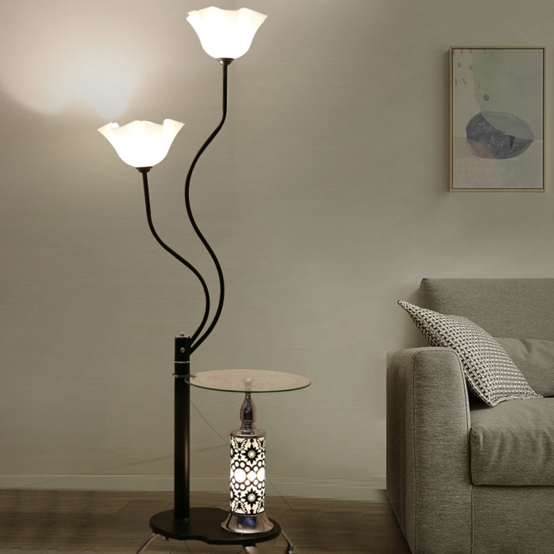 3 Bulbs Open-Top Flower Floor Light Country Black Frosted Glass Standing Floor Lamp with Tray Black Clearhalo 'Floor Lamps' 'Lamps' Lighting' 2478960