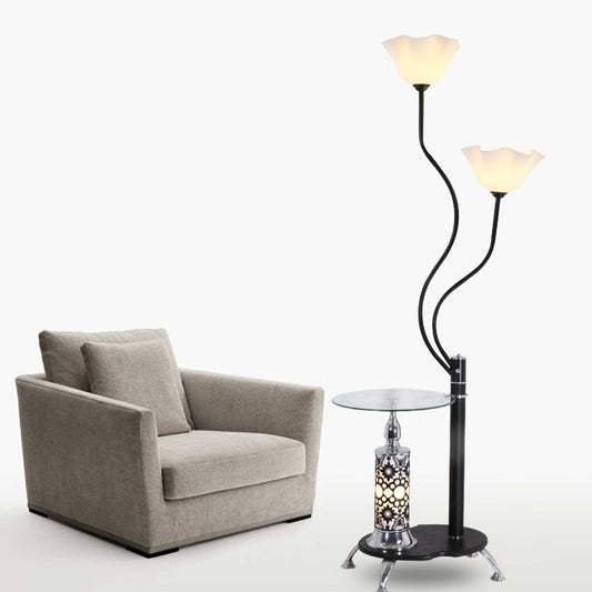 3 Bulbs Open-Top Flower Floor Light Country Black Frosted Glass Standing Floor Lamp with Tray Clearhalo 'Floor Lamps' 'Lamps' Lighting' 2478961