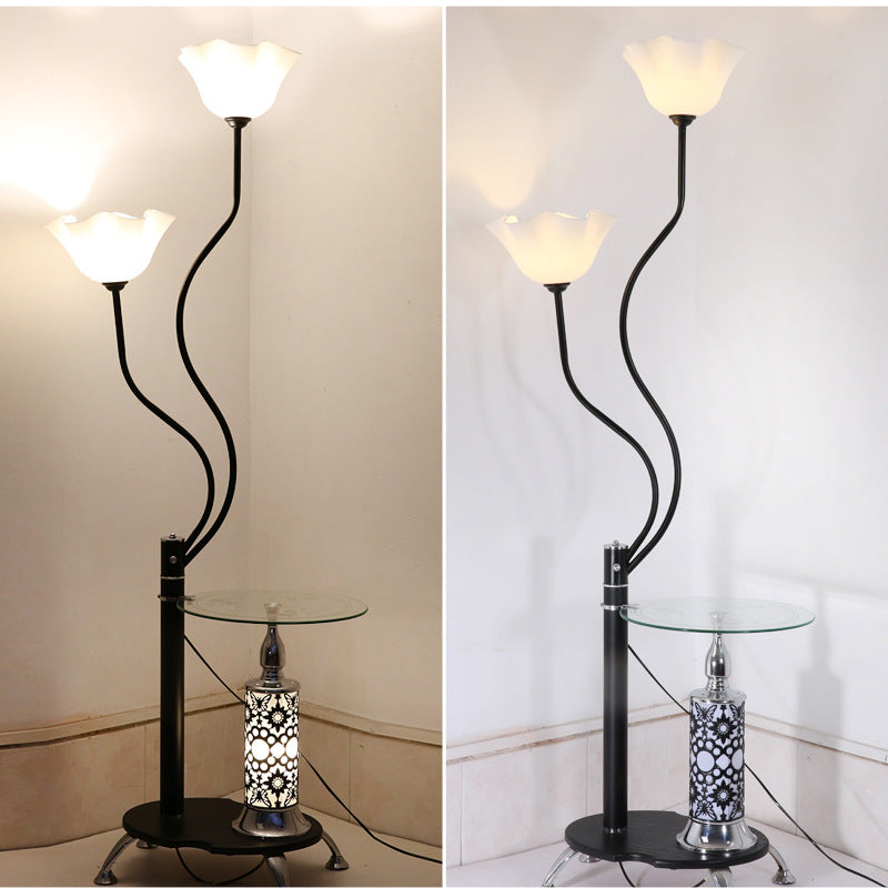 3 Bulbs Open-Top Flower Floor Light Country Black Frosted Glass Standing Floor Lamp with Tray Clearhalo 'Floor Lamps' 'Lamps' Lighting' 2478963