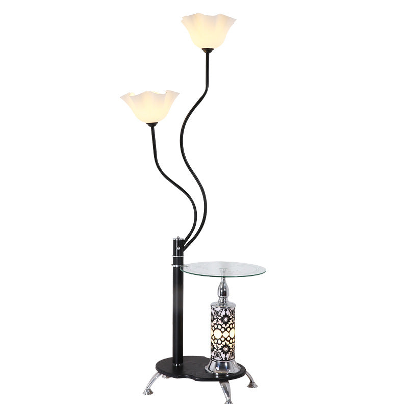 3 Bulbs Open-Top Flower Floor Light Country Black Frosted Glass Standing Floor Lamp with Tray Clearhalo 'Floor Lamps' 'Lamps' Lighting' 2478964