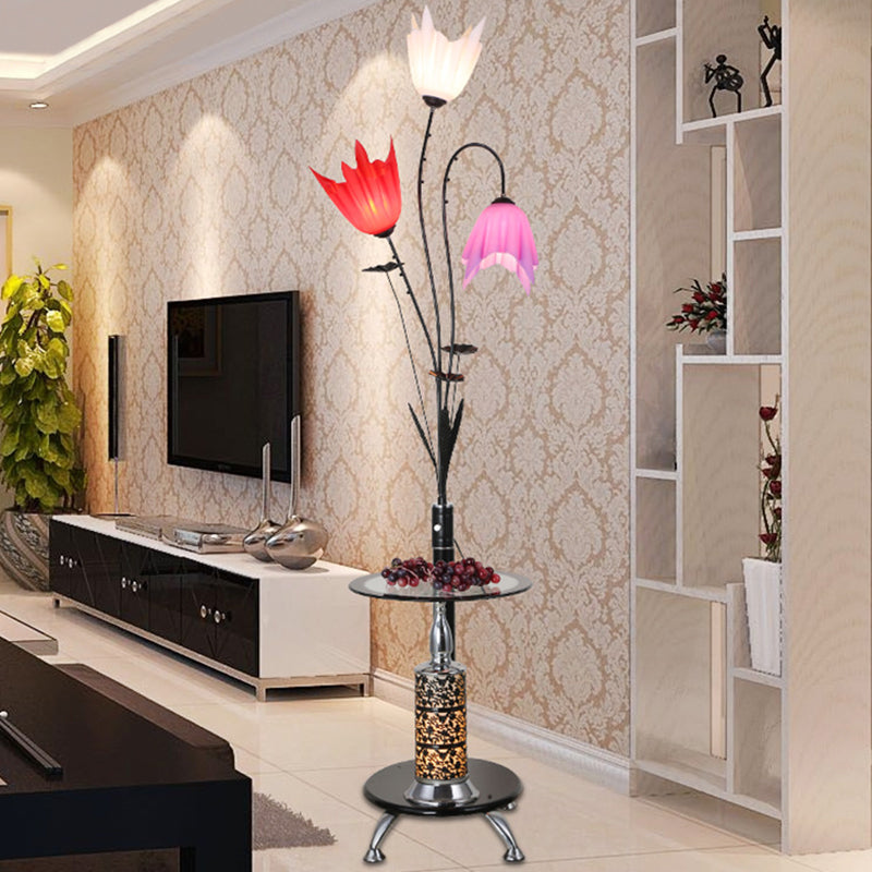 3-Light Flower Floor Light Countryside Black Acrylic Tray Floor Lamp for Living Room Clearhalo 'Floor Lamps' 'Lamps' Lighting' 2478980