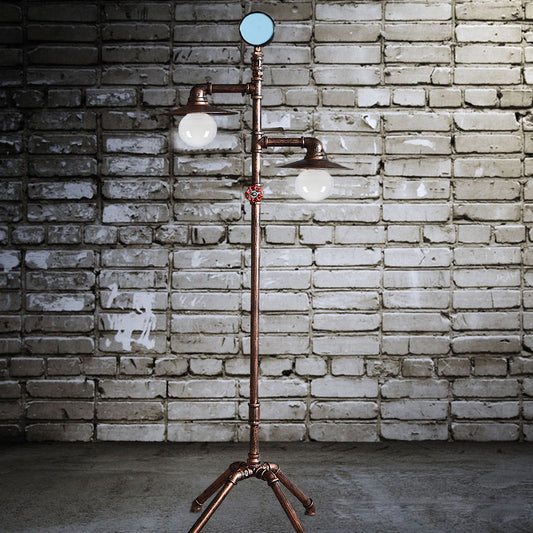 Weathered Bronze Pipe Floor Light Industrial Iron 2-Bulb Living Room Quadpod Floor Lamp with Saucer Lampshade Weathered Copper Clearhalo 'Floor Lamps' 'Lamps' Lighting' 2479046