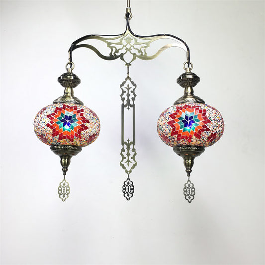 Global Chandelier Lamp Traditional 2 Heads Red/Blue Glass Ceiling Pendant Light for Hallway Red Clearhalo 'Ceiling Lights' 'Chandeliers' 'Glass shade' 'Glass' Lighting' 247951