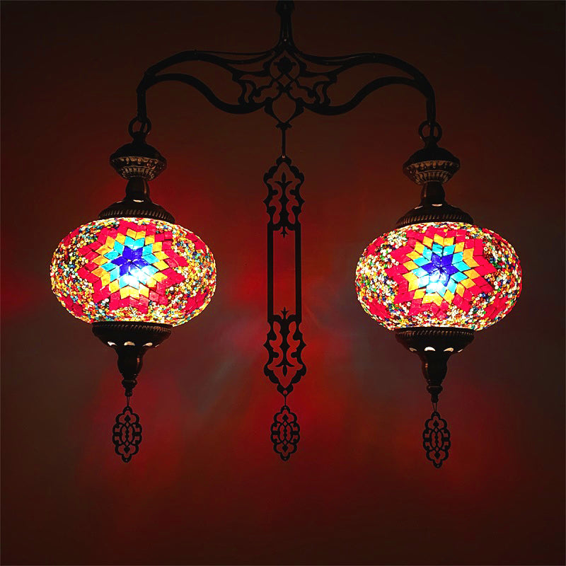 Global Chandelier Lamp Traditional 2 Heads Red/Blue Glass Ceiling Pendant Light for Hallway Clearhalo 'Ceiling Lights' 'Chandeliers' 'Glass shade' 'Glass' Lighting' 247952