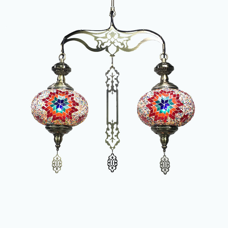 Global Chandelier Lamp Traditional 2 Heads Red/Blue Glass Ceiling Pendant Light for Hallway Clearhalo 'Ceiling Lights' 'Chandeliers' 'Glass shade' 'Glass' Lighting' 247953