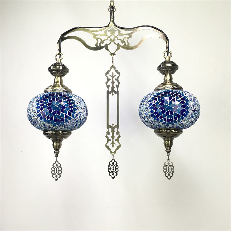 Global Chandelier Lamp Traditional 2 Heads Red/Blue Glass Ceiling Pendant Light for Hallway Blue Clearhalo 'Ceiling Lights' 'Chandeliers' 'Glass shade' 'Glass' Lighting' 247955