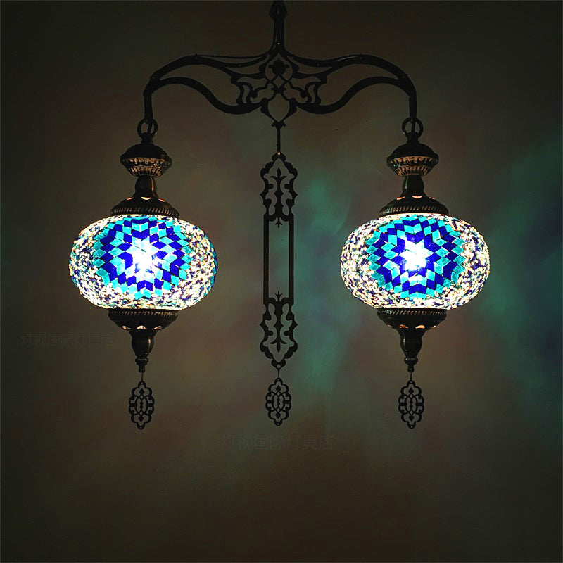Global Chandelier Lamp Traditional 2 Heads Red/Blue Glass Ceiling Pendant Light for Hallway Clearhalo 'Ceiling Lights' 'Chandeliers' 'Glass shade' 'Glass' Lighting' 247956