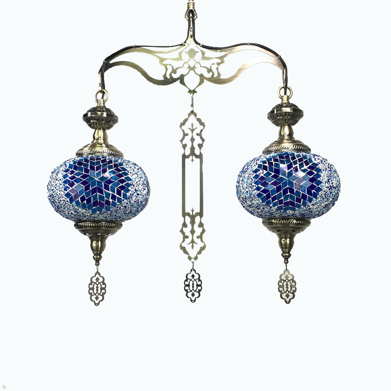 Global Chandelier Lamp Traditional 2 Heads Red/Blue Glass Ceiling Pendant Light for Hallway Clearhalo 'Ceiling Lights' 'Chandeliers' 'Glass shade' 'Glass' Lighting' 247957