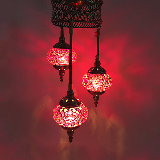 3 Bulbs Sphere Ceiling Chandelier Tradition Pink/Red-Blue-Coffee Glass Suspended Lighting Fixture Pink Clearhalo 'Ceiling Lights' 'Chandeliers' 'Glass shade' 'Glass' Lighting' 247975