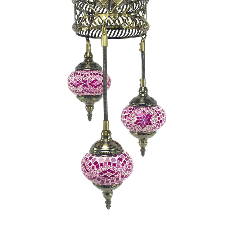 3 Bulbs Sphere Ceiling Chandelier Tradition Pink/Red-Blue-Coffee Glass Suspended Lighting Fixture Clearhalo 'Ceiling Lights' 'Chandeliers' 'Glass shade' 'Glass' Lighting' 247976