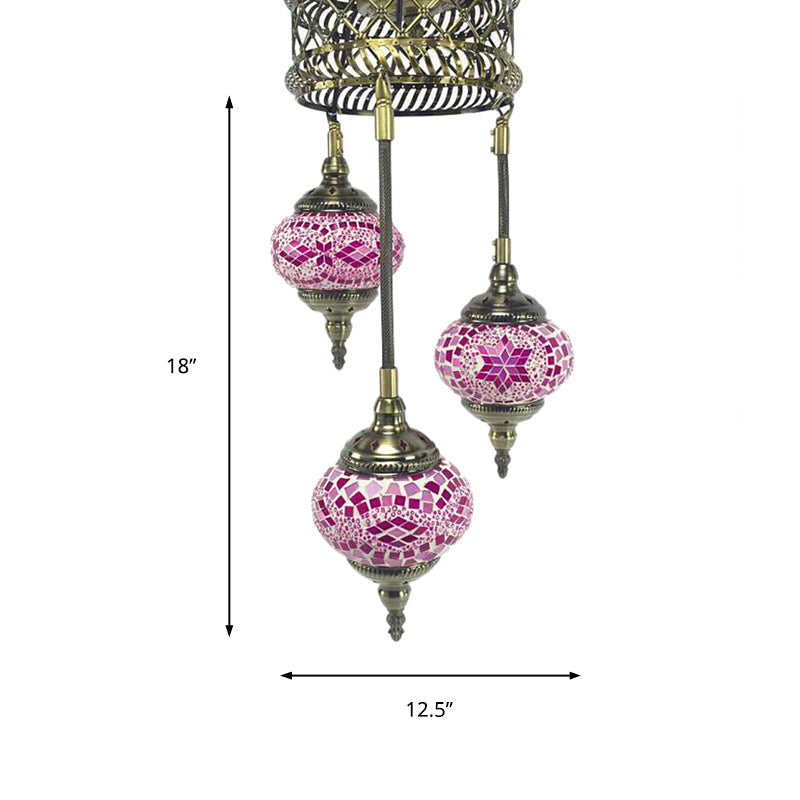 3 Bulbs Sphere Ceiling Chandelier Tradition Pink/Red-Blue-Coffee Glass Suspended Lighting Fixture Clearhalo 'Ceiling Lights' 'Chandeliers' 'Glass shade' 'Glass' Lighting' 247977