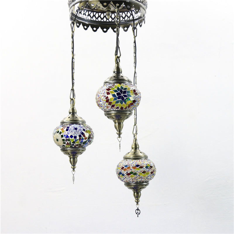 3 Bulbs Sphere Ceiling Chandelier Tradition Pink/Red-Blue-Coffee Glass Suspended Lighting Fixture Red-Blue-Brown Clearhalo 'Ceiling Lights' 'Chandeliers' 'Glass shade' 'Glass' Lighting' 247978