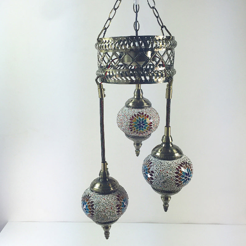 3 Bulbs Sphere Ceiling Chandelier Tradition Pink/Red-Blue-Coffee Glass Suspended Lighting Fixture Clearhalo 'Ceiling Lights' 'Chandeliers' 'Glass shade' 'Glass' Lighting' 247979