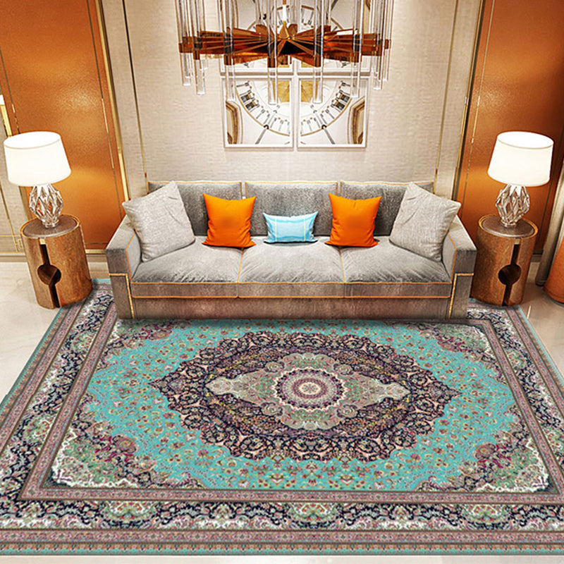 Multi Color Oriental Rug Cotton Blend Floral Printed Area Carpet Non-Slip Backing Pet Friendly Indoor Rug for Living Room Lake Green Clearhalo 'Area Rug' 'Rugs' 'Shabby Chic' Rug' 2479802