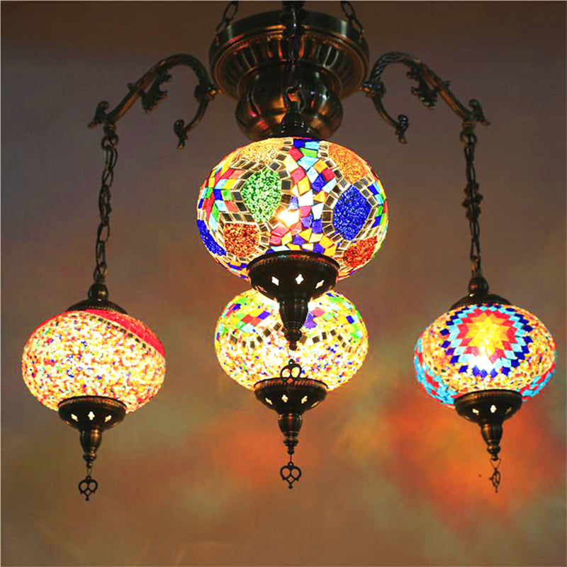 Traditional Lantern Hanging Chandelier Colorful Glass 4 Bulbs Suspension Light in Brass for Living Room Clearhalo 'Ceiling Lights' 'Chandeliers' 'Glass shade' 'Glass' Lighting' 247984