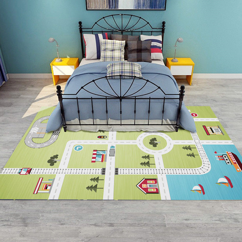 Cute Car Printed Rug Multi Color Cotton Blend Area Carpet Non-Slip Stain-Resistant Easy Care Indoor Rug for Kids Green Clearhalo 'Area Rug' 'Rug' 2479845