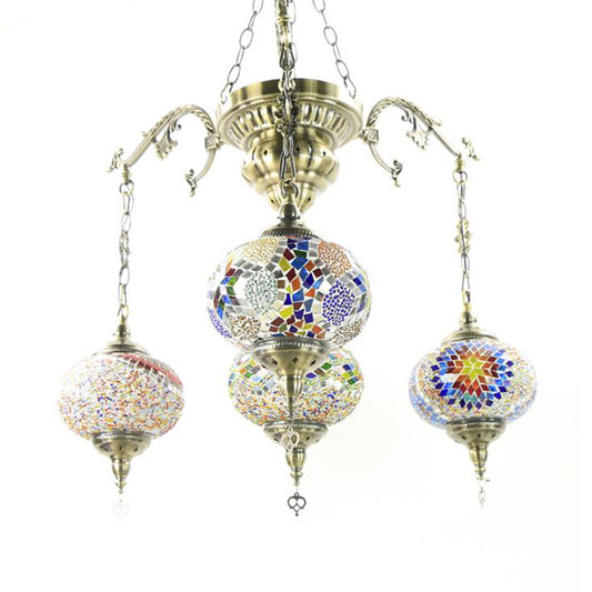 Traditional Lantern Hanging Chandelier Colorful Glass 4 Bulbs Suspension Light in Brass for Living Room Clearhalo 'Ceiling Lights' 'Chandeliers' 'Glass shade' 'Glass' Lighting' 247985