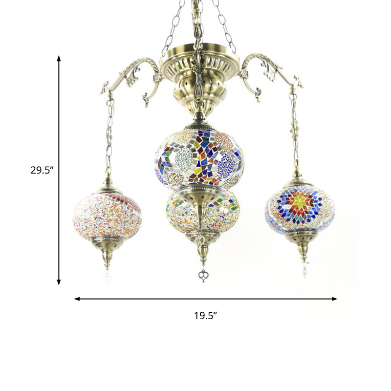 Traditional Lantern Hanging Chandelier Colorful Glass 4 Bulbs Suspension Light in Brass for Living Room Clearhalo 'Ceiling Lights' 'Chandeliers' 'Glass shade' 'Glass' Lighting' 247986