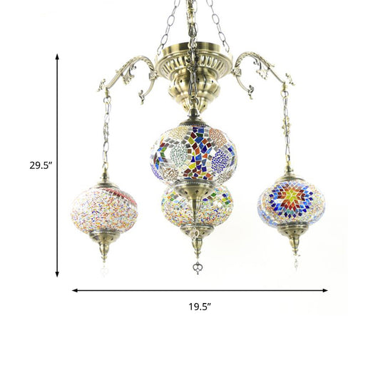 Traditional Lantern Hanging Chandelier Colorful Glass 4 Bulbs Suspension Light in Brass for Living Room Clearhalo 'Ceiling Lights' 'Chandeliers' 'Glass shade' 'Glass' Lighting' 247986