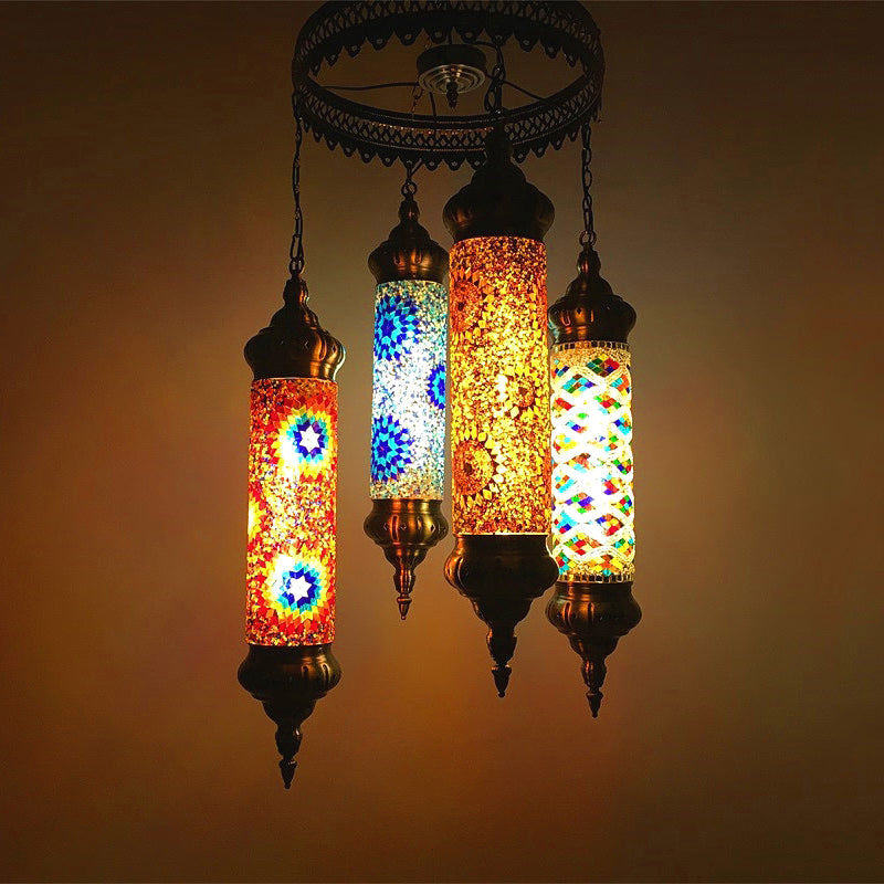 Cylindrical Chandelier Vintage Colorful Glass 4 Bulbs Bronze Pendant Light Fixture for Living Room Bronze Clearhalo 'Ceiling Lights' 'Chandeliers' 'Glass shade' 'Glass' Lighting' 247987