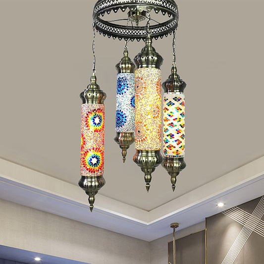 Cylindrical Chandelier Vintage Colorful Glass 4 Bulbs Bronze Pendant Light Fixture for Living Room Clearhalo 'Ceiling Lights' 'Chandeliers' 'Glass shade' 'Glass' Lighting' 247988