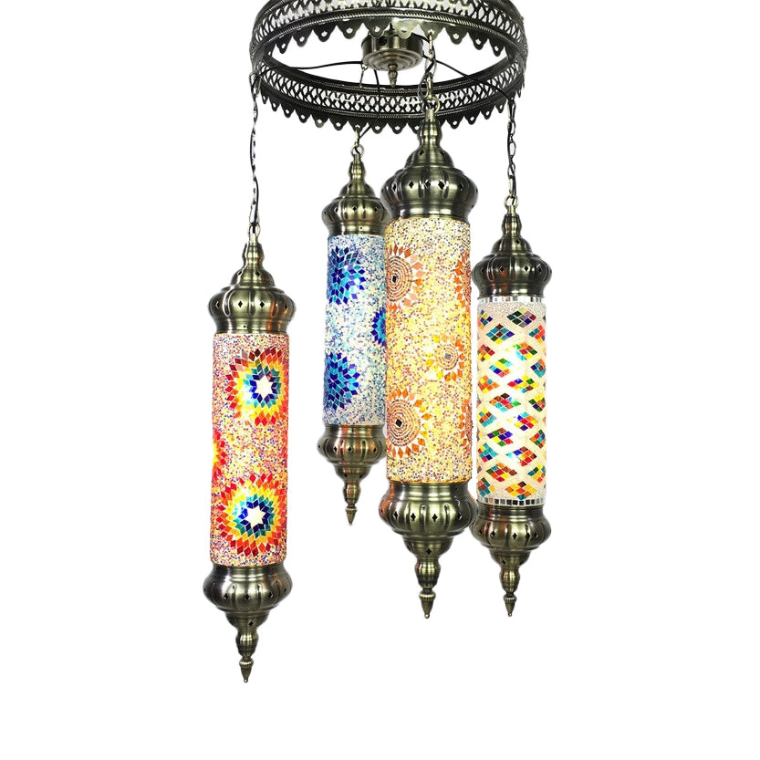 Cylindrical Chandelier Vintage Colorful Glass 4 Bulbs Bronze Pendant Light Fixture for Living Room Clearhalo 'Ceiling Lights' 'Chandeliers' 'Glass shade' 'Glass' Lighting' 247989