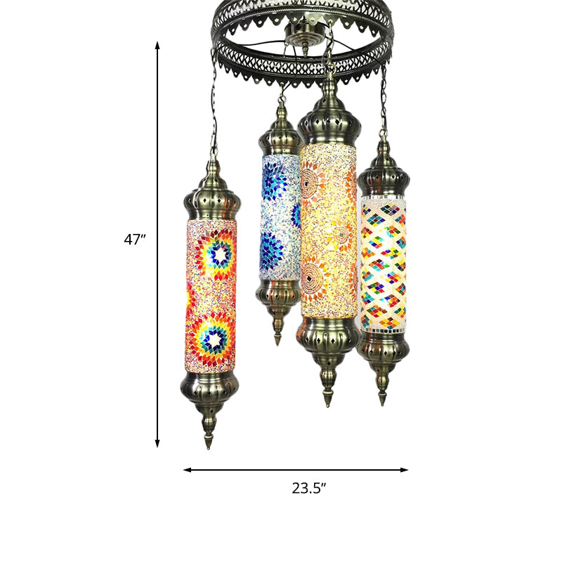 Cylindrical Chandelier Vintage Colorful Glass 4 Bulbs Bronze Pendant Light Fixture for Living Room Clearhalo 'Ceiling Lights' 'Chandeliers' 'Glass shade' 'Glass' Lighting' 247990