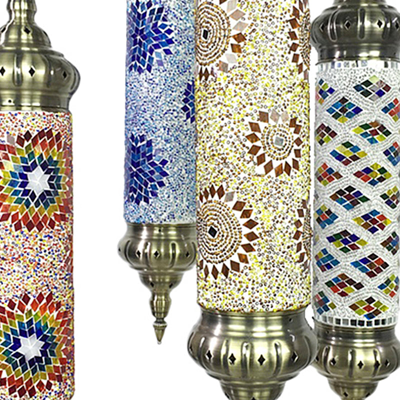 Cylindrical Chandelier Vintage Colorful Glass 4 Bulbs Bronze Pendant Light Fixture for Living Room Clearhalo 'Ceiling Lights' 'Chandeliers' 'Glass shade' 'Glass' Lighting' 247991