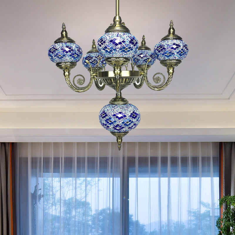 Curved Arm Pendant Chandelier Traditional Red/Blue/Orange Red Glass 6 Bulbs Hanging Light Fixture for Coffee Shop Blue Clearhalo 'Ceiling Lights' 'Chandeliers' 'Glass shade' 'Glass' Lighting' 247997