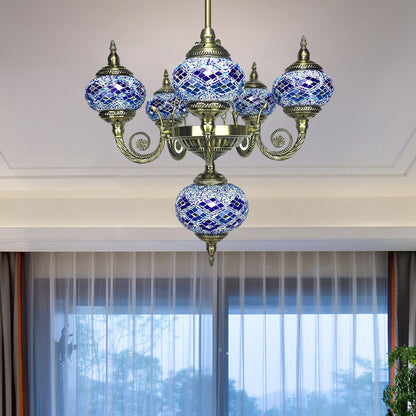 Curved Arm Pendant Chandelier Traditional Red/Blue/Orange Red Glass 6 Bulbs Hanging Light Fixture for Coffee Shop Blue Clearhalo 'Ceiling Lights' 'Chandeliers' 'Glass shade' 'Glass' Lighting' 247997