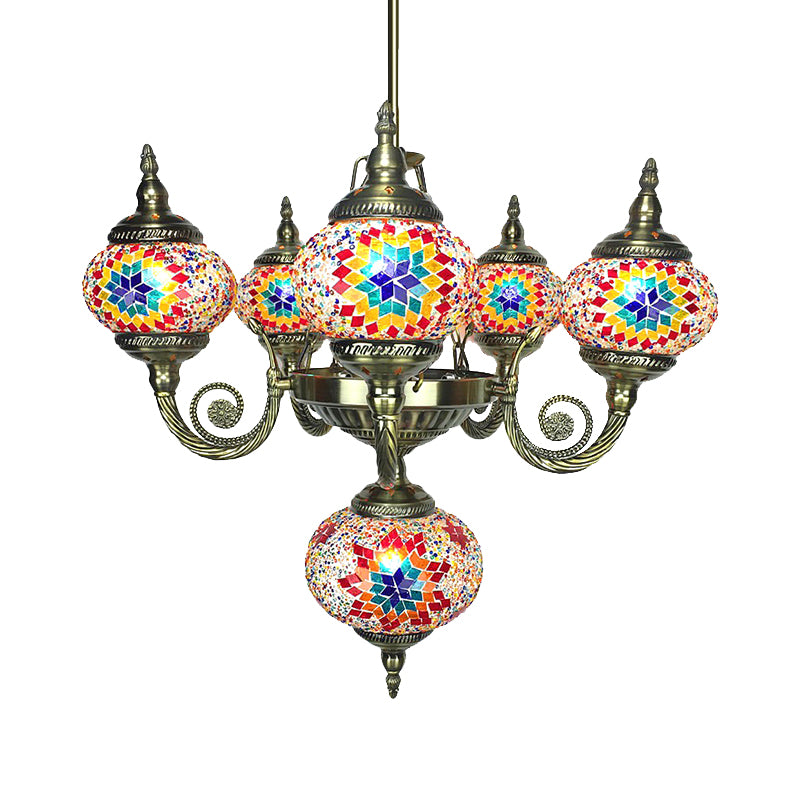 Curved Arm Pendant Chandelier Traditional Red/Blue/Orange Red Glass 6 Bulbs Hanging Light Fixture for Coffee Shop Clearhalo 'Ceiling Lights' 'Chandeliers' 'Glass shade' 'Glass' Lighting' 248001