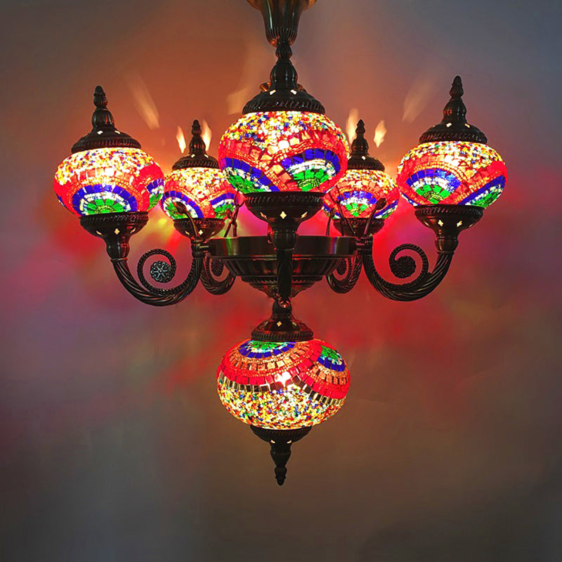Curved Arm Pendant Chandelier Traditional Red/Blue/Orange Red Glass 6 Bulbs Hanging Light Fixture for Coffee Shop Red Clearhalo 'Ceiling Lights' 'Chandeliers' 'Glass shade' 'Glass' Lighting' 248002