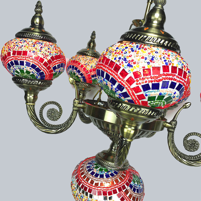 Curved Arm Pendant Chandelier Traditional Red/Blue/Orange Red Glass 6 Bulbs Hanging Light Fixture for Coffee Shop Clearhalo 'Ceiling Lights' 'Chandeliers' 'Glass shade' 'Glass' Lighting' 248005