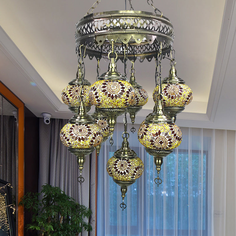 Vintage Lantern Chandelier Lamp White/Gold/Coffee Glass 9 Heads Pendant Lighting Fixture Gold Clearhalo 'Ceiling Lights' 'Chandeliers' 'Glass shade' 'Glass' Lighting' 248008