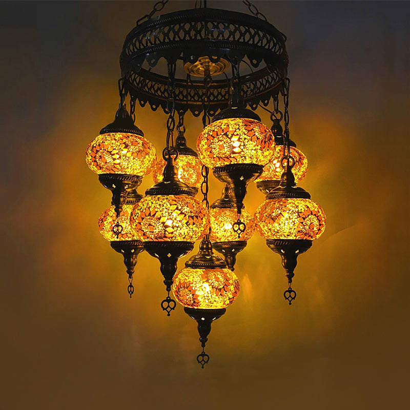 Vintage Lantern Chandelier Lamp White/Gold/Coffee Glass 9 Heads Pendant Lighting Fixture Clearhalo 'Ceiling Lights' 'Chandeliers' 'Glass shade' 'Glass' Lighting' 248009
