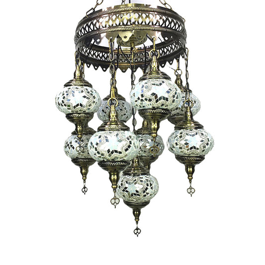 Vintage Lantern Chandelier Lamp White/Gold/Coffee Glass 9 Heads Pendant Lighting Fixture Clearhalo 'Ceiling Lights' 'Chandeliers' 'Glass shade' 'Glass' Lighting' 248012