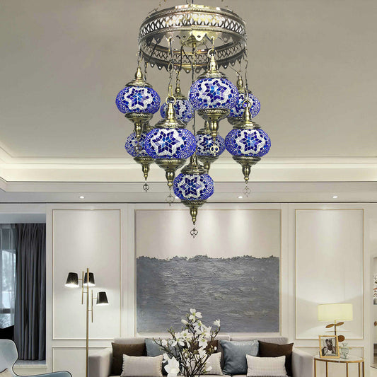 Ball Hanging Chandelier Traditionary Sky Blue/Green/Royal Blue Glass 9 Heads Ceiling Light Fixture for Living Room Royal Blue Clearhalo 'Ceiling Lights' 'Chandeliers' 'Glass shade' 'Glass' Lighting' 248016