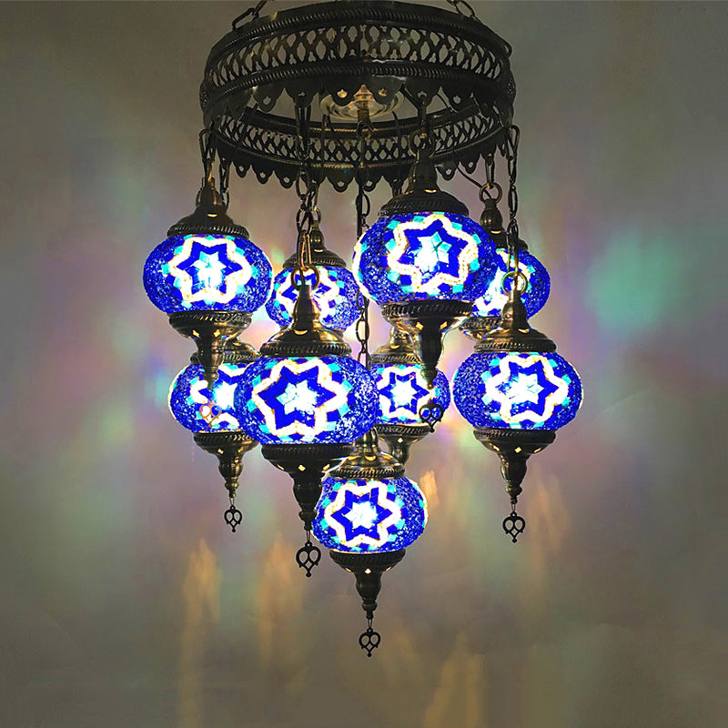 Ball Hanging Chandelier Traditionary Sky Blue/Green/Royal Blue Glass 9 Heads Ceiling Light Fixture for Living Room Clearhalo 'Ceiling Lights' 'Chandeliers' 'Glass shade' 'Glass' Lighting' 248017