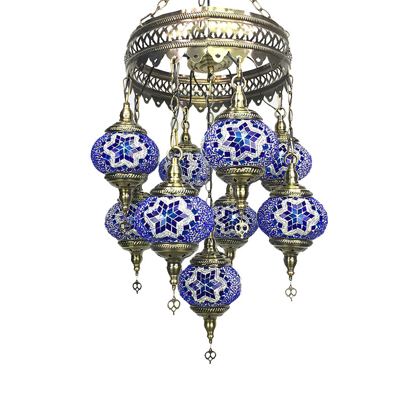 Ball Hanging Chandelier Traditionary Sky Blue/Green/Royal Blue Glass 9 Heads Ceiling Light Fixture for Living Room Clearhalo 'Ceiling Lights' 'Chandeliers' 'Glass shade' 'Glass' Lighting' 248018