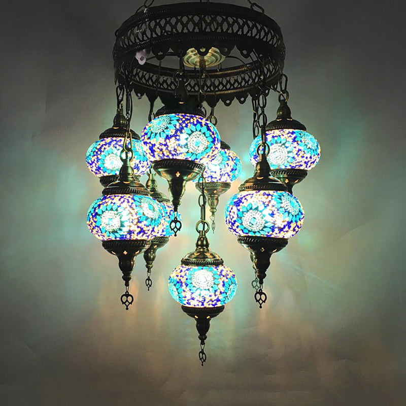 Ball Hanging Chandelier Traditionary Sky Blue/Green/Royal Blue Glass 9 Heads Ceiling Light Fixture for Living Room Sky Blue Clearhalo 'Ceiling Lights' 'Chandeliers' 'Glass shade' 'Glass' Lighting' 248019
